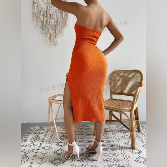 SHEIN Privé Ring Linked Cut Out Drawstring Split Thigh Tube Dress - Picture 3 of 4